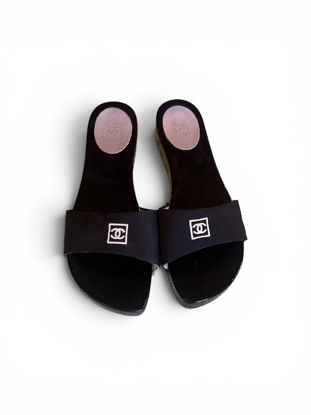 CHANEL Black Slide Sandals with White CC Logo